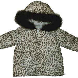 Sz 6-12 Months CRAZY 8 Infant Cream Brown Animal Print Faux Fur Hooded Puffer